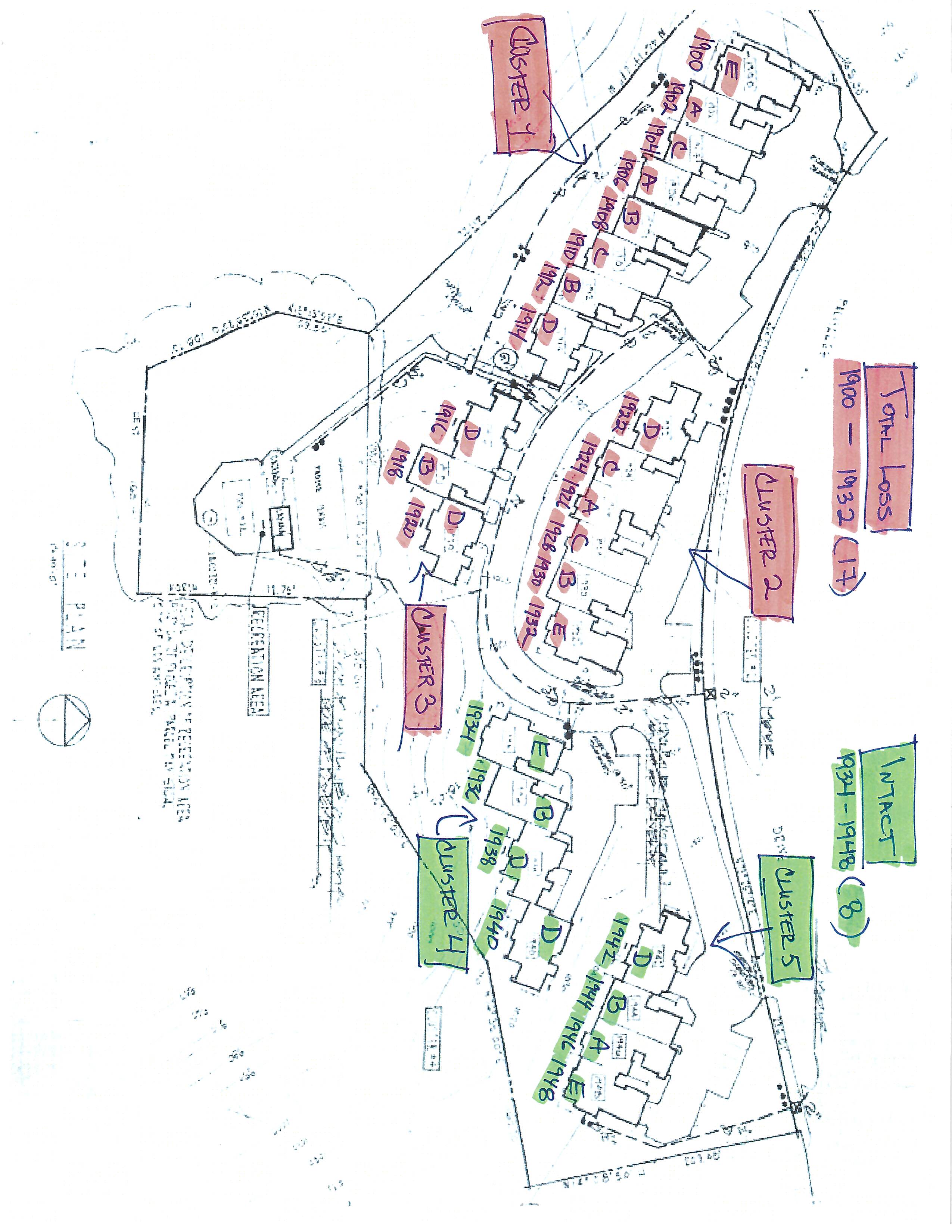 Annotated site plan of Vista Del Mar / Headland Condominiums showing total-loss and intact clusters